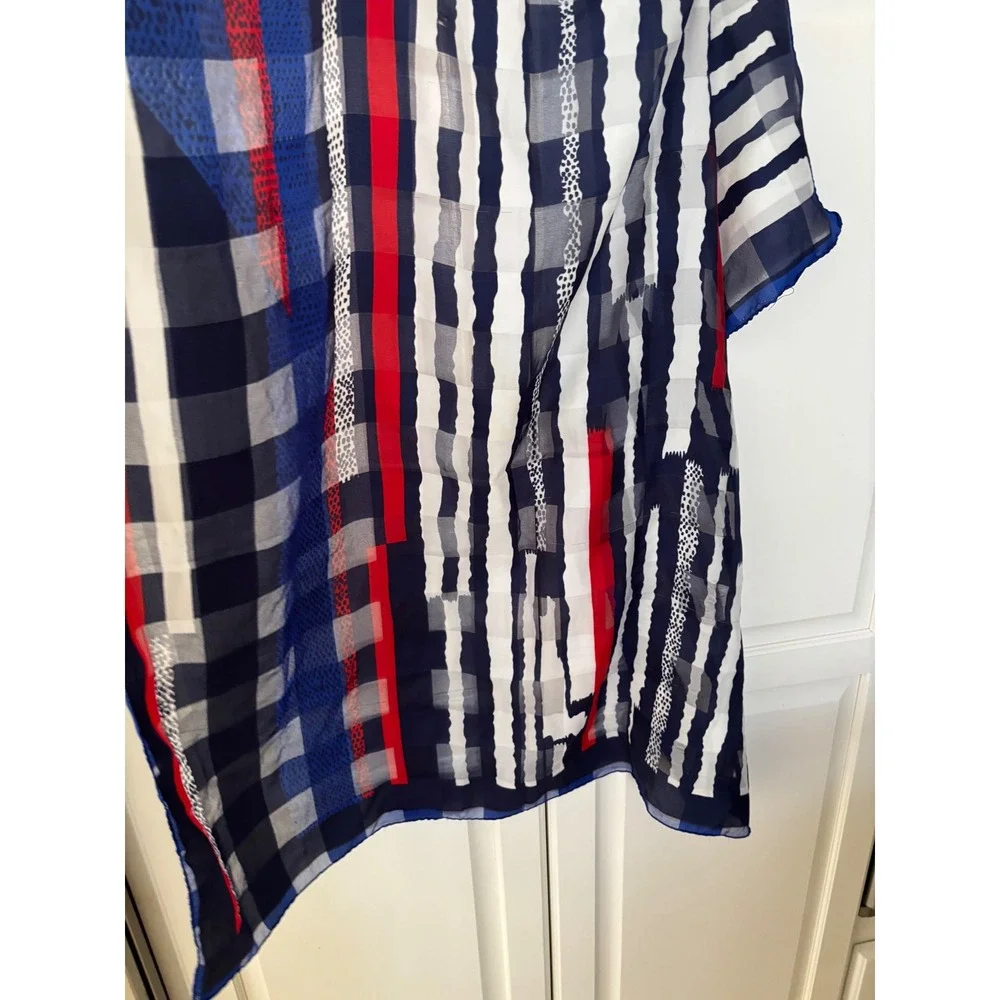 Valentina Scarf Red White Navy Blue Geometric Stripe Check Sheer Lightweight